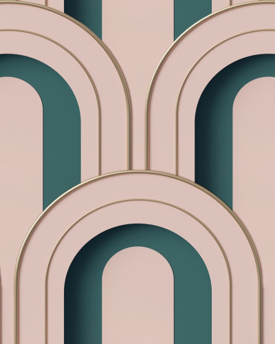 Tapet geometric cu design modern, Arch Deco Bijou, în nuanțe de roz și verde, decorând un living modern.