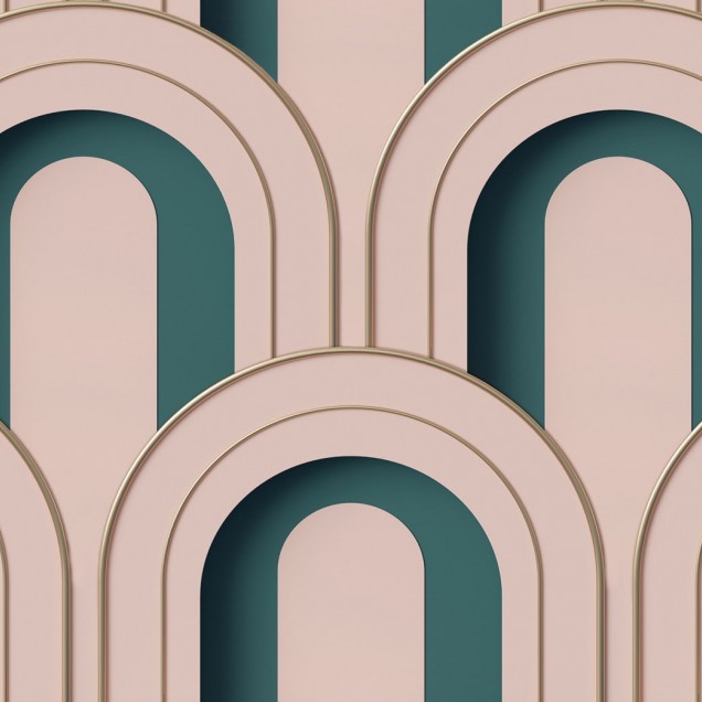 Tapet geometric cu design modern, Arch Deco Bijou, în nuanțe de roz și verde, decorând un living modern.