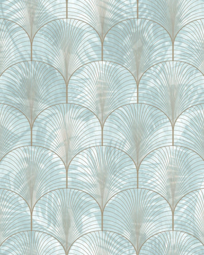 Tapet cu model geometric de palmieri argintii, inspirat din stilul Art Deco.