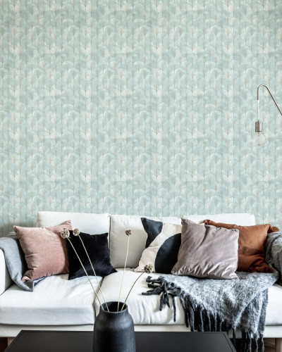 Tapet cu model geometric de palmieri argintii, inspirat din stilul Art Deco.