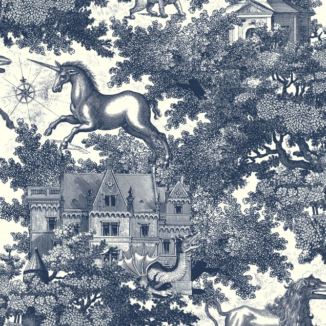 Tapet cu un castel de poveste și creaturi magice, inclusiv cai zburători și grifoni.