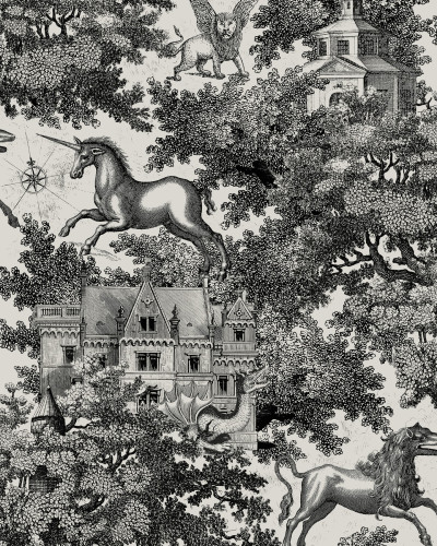Tapet Fairy Tale Castle, Graphite - cu design unic, castel, cai, flori