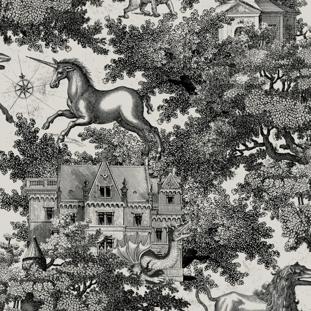 Tapet Fairy Tale Castle, Graphite - cu design unic, castel, cai, flori