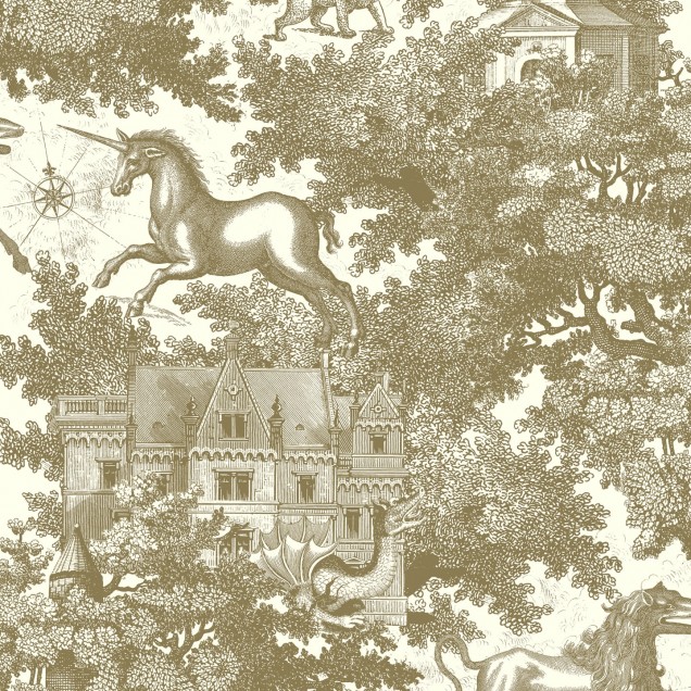 Tapet Fairy Tale Castle, Gold - Imagine cu tapet cu design magic ce include un castel din basm înconjurat de pădure, cu cai și păsări.