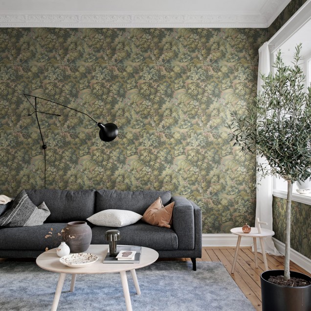 Tapet floral Blooming Park, Green, cu un design vintage, perfect pentru living, dormitor sau birou.