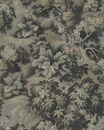 Tapet Blooming Park - Dark, cu design elegant, ilustrând un peisaj luxuriant cu copaci impunători și detalii florale delicate. Perfect pentru camere de zi, dormitoare sau hol.