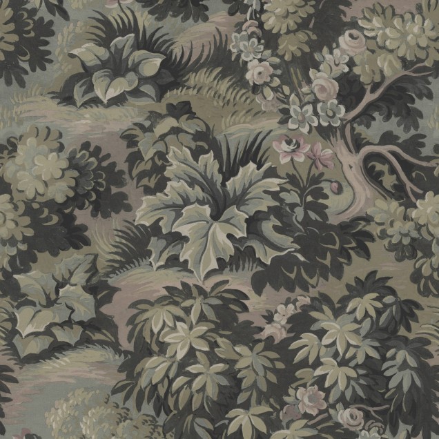 Tapet Blooming Park - Dark, cu design elegant, ilustrând un peisaj luxuriant cu copaci impunători și detalii florale delicate. Perfect pentru camere de zi, dormitoare sau hol.