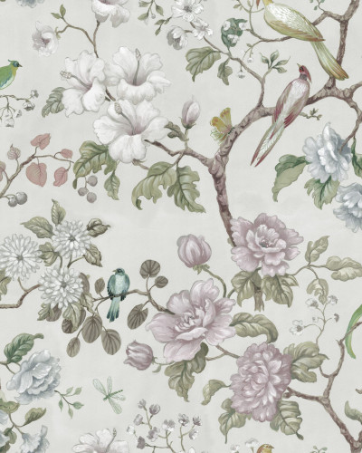 Tapet cu flori delicate și păsări, Petit Flora, Pearl,  culoare perle,  design elegant și romantic.