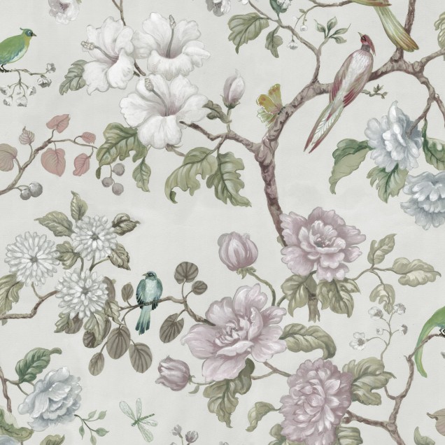 Tapet cu flori delicate și păsări, Petit Flora, Pearl,  culoare perle,  design elegant și romantic.