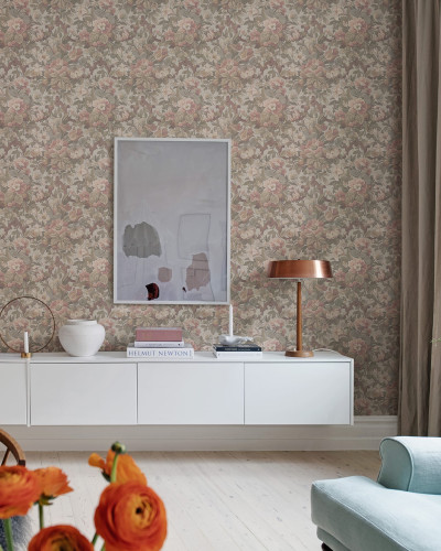 Tapet cu model floral vintage, culori pastelate, ideal pentru living, dormitor sau sufragerie