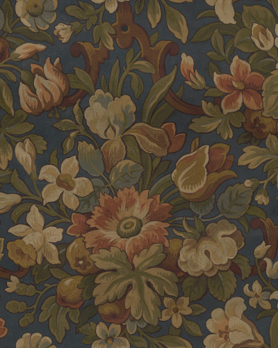 Tapet floral vintage cu flori delicate în nuanțe de maro și verde pe un fundal albastru.