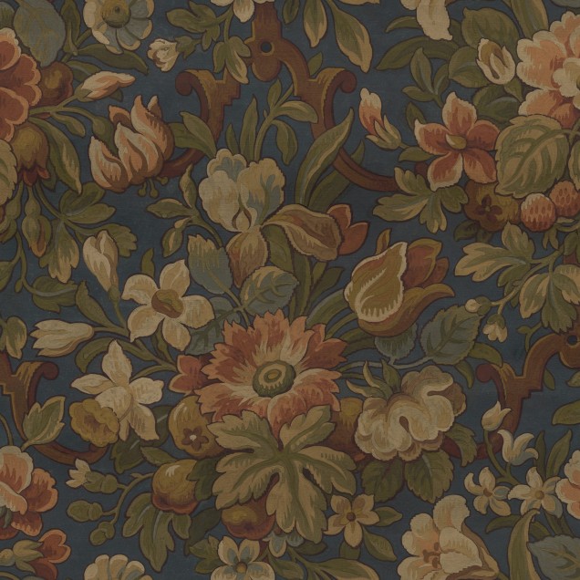 Tapet floral vintage cu flori delicate în nuanțe de maro și verde pe un fundal albastru.