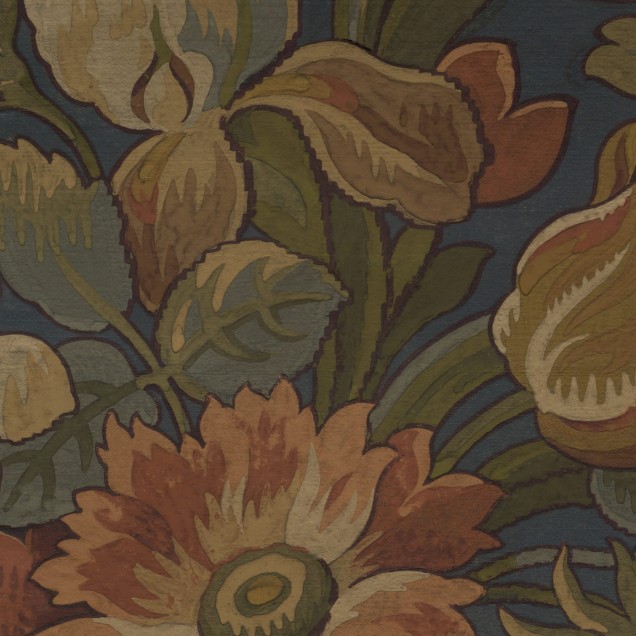 Tapet floral vintage cu flori delicate în nuanțe de maro și verde pe un fundal albastru.