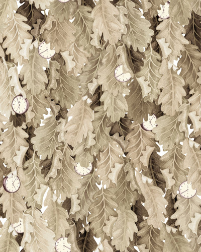 Tapet No Time to Waste Sand cu frunze elegante în tonuri calde de nisip, în decorul unui dormitor rustic.