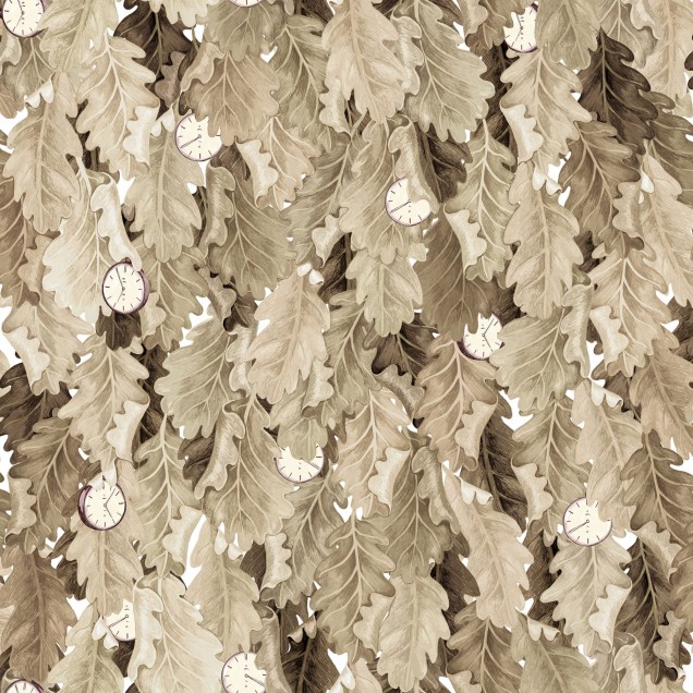Tapet No Time to Waste Sand cu frunze elegante în tonuri calde de nisip, în decorul unui dormitor rustic.