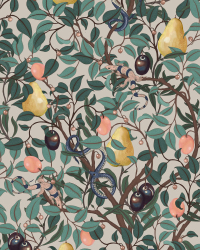 Tapet cu design floral, o grădină plină de fructe și șerpi, culori vibrante
