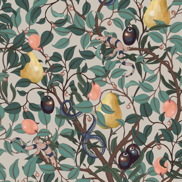 Tapet cu design floral, o grădină plină de fructe și șerpi, culori vibrante