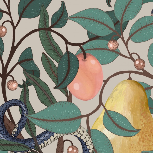Tapet cu design floral, o grădină plină de fructe și șerpi, culori vibrante