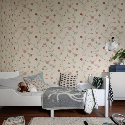 Tapet cu flori si ramuri subtiri, nuante pastelate, design elegant