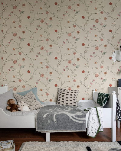 Tapet cu flori si ramuri subtiri, nuante pastelate, design elegant