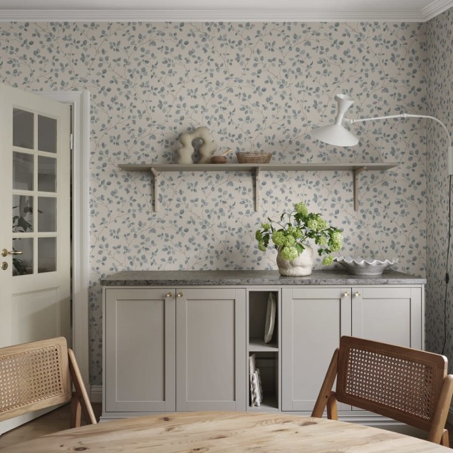 Tapet lavabil cu model de frunze, Bokskog, Misty Blue