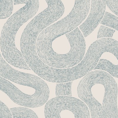 Tapet lavabil cu design abstract, cursiv, în nuanțe de albastru indigo și gri, aplicat într-un dormitor.