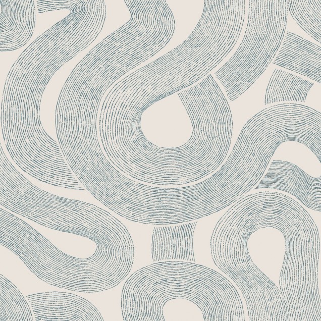 Tapet lavabil cu design abstract, cursiv, în nuanțe de albastru indigo și gri, aplicat într-un dormitor.