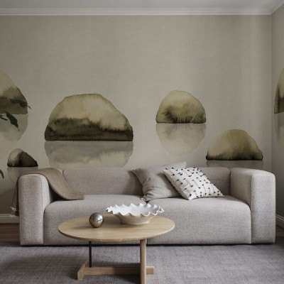 Tapet lavabil cu design modern, cu pietre și reflexiile lor în apă pe un fundal de culoare verde măsliniu.