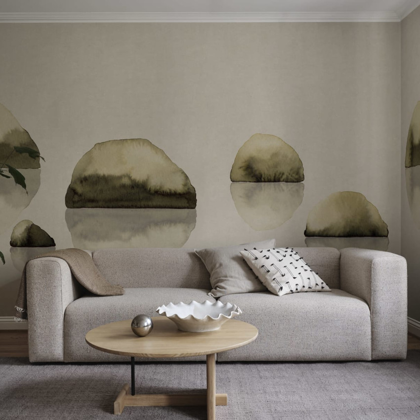 Tapet lavabil cu design modern, cu pietre și reflexiile lor în apă pe un fundal de culoare verde măsliniu.