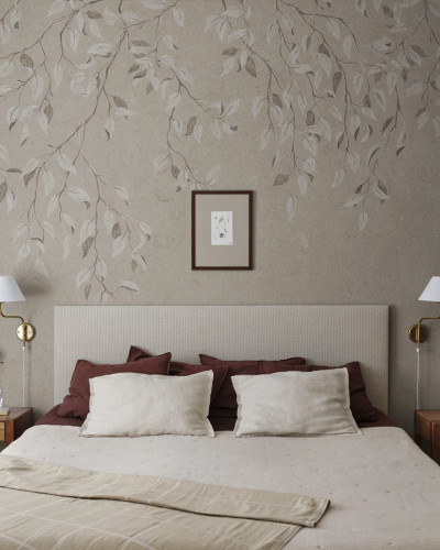 Tapet lavabil Liselund Hazel cu crengute si frunze delicate, perfect pentru dormitor