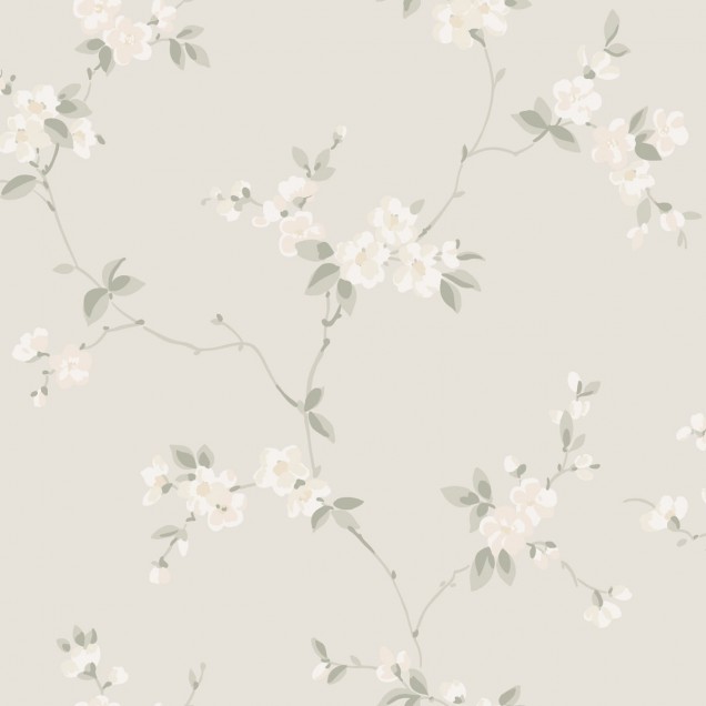 Tapet floral delicat cu flori albe pe fundal verde pal