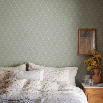 Tapet lavabil cu model geometric, culoare verde salvie, perfect pentru dormitor sau living.