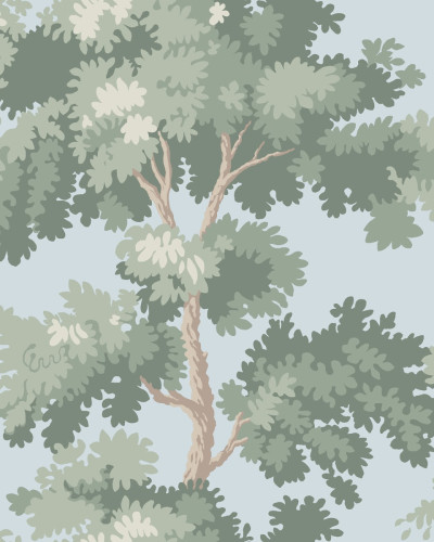Tapet lavabil Sky Blue cu design modern, cu copaci gri-verzi pe un fond albastru deschis.