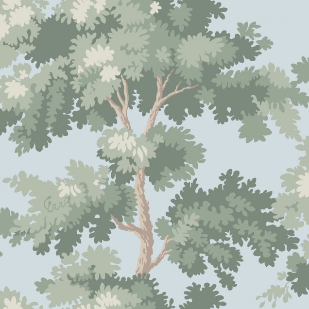 Tapet lavabil Sky Blue cu design modern, cu copaci gri-verzi pe un fond albastru deschis.
