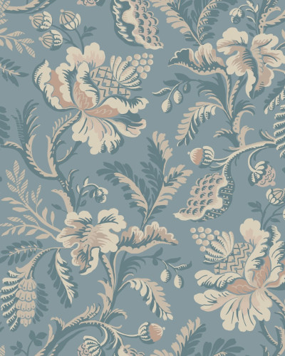 Tapet floral lavabil Daphne Misty Blue, in tonuri de albastru si bej, decorat cu flori delicate