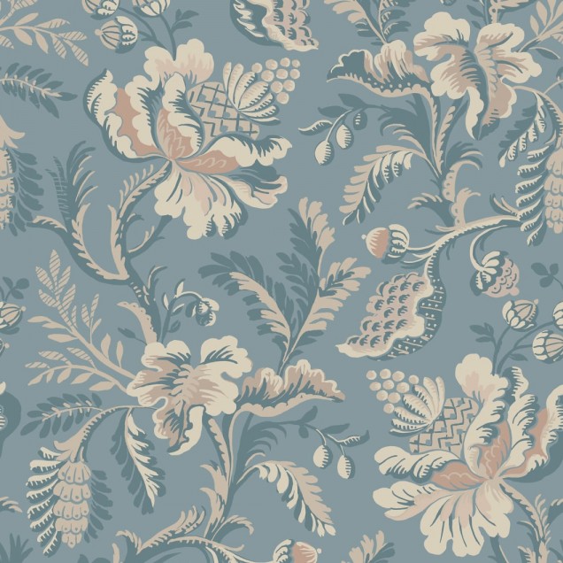 Tapet floral lavabil Daphne Misty Blue, in tonuri de albastru si bej, decorat cu flori delicate