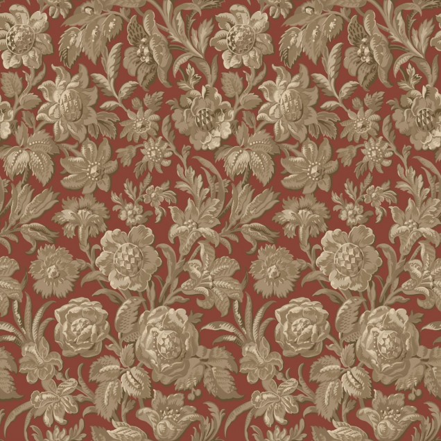 Tapet lavabil cu design floral clasic, cu nuanțe de roșu și auriu. Tapetul este prezentat în interiorul unei case, pe peretele unei scări.