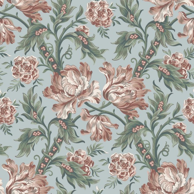 Tapet lavabil cu flori delicate in nuante de albastru deschis si roz pastelat.