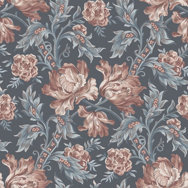 Tapet floral indigo cu flori delicate, de culoare roz pal, pe un fundal gri-albăstrui.