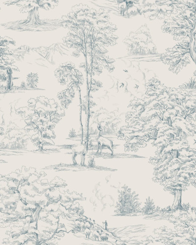 Tapet lavabil cu design de inspirație rurală, cu un  peisaj  de  câmp  cu  arbori  și  păsări,  în  nuante  de albastru indigo. Tapetul este perfect pentru a crea o atmosferă relaxantă și primitoare.