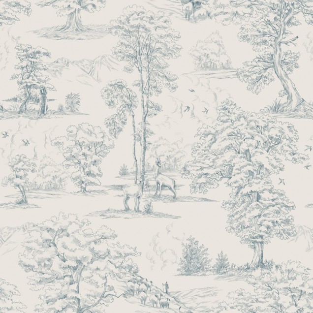 Tapet lavabil cu design de inspirație rurală, cu un  peisaj  de  câmp  cu  arbori  și  păsări,  în  nuante  de albastru indigo. Tapetul este perfect pentru a crea o atmosferă relaxantă și primitoare.