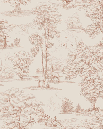 Wallpaper lavabil cu design elegant de copaci in nuante de rosu pe fundal alb crem.
