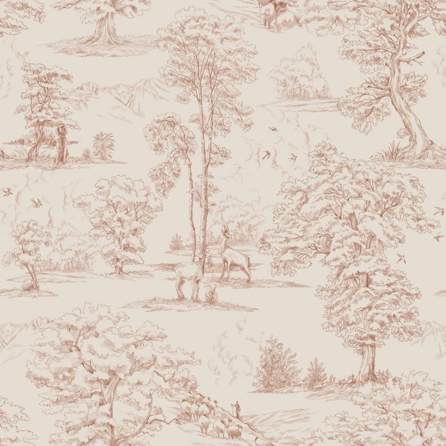 Wallpaper lavabil cu design elegant de copaci in nuante de rosu pe fundal alb crem.