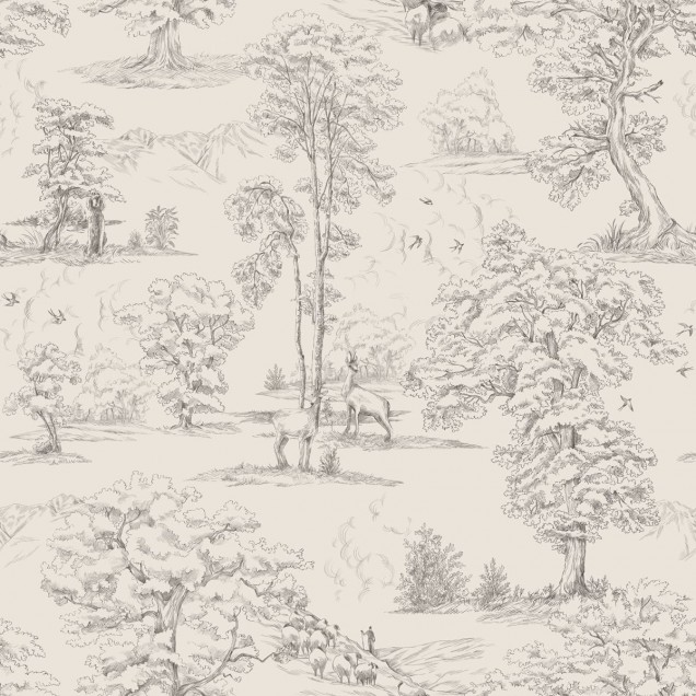 Tapet lavabil cu model delicat de arbori și frunze în tonuri de gri delicate, ideal pentru dormitor.