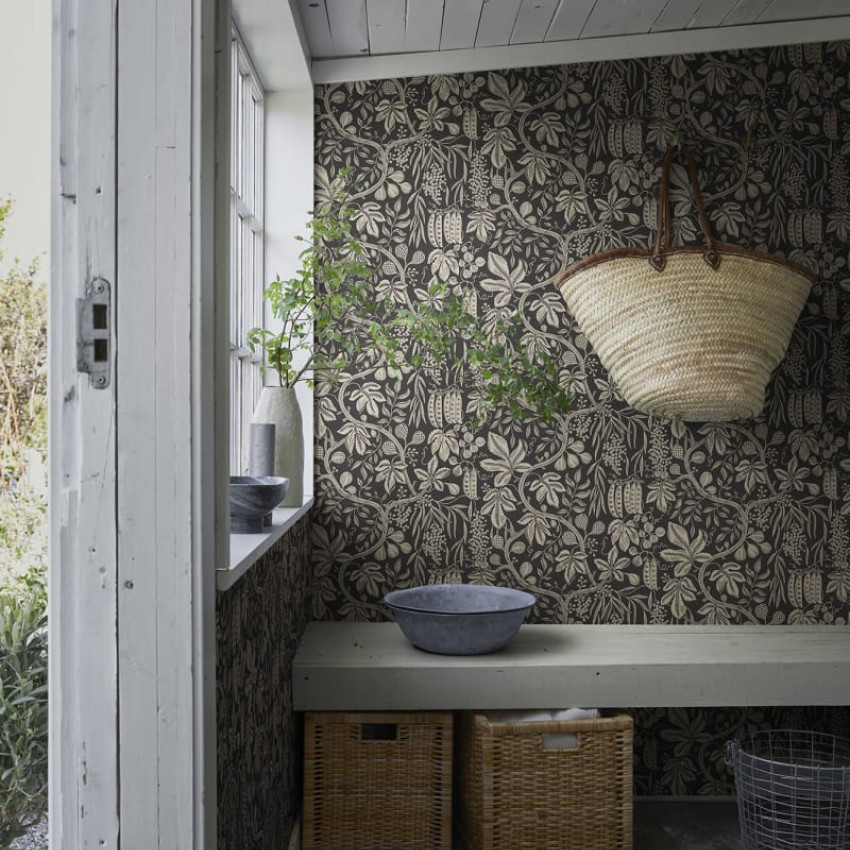 Tapet lavabil cu model floral, gri deschis, in living