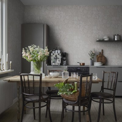 Tapet lavabil cu model floral, gri deschis, in living