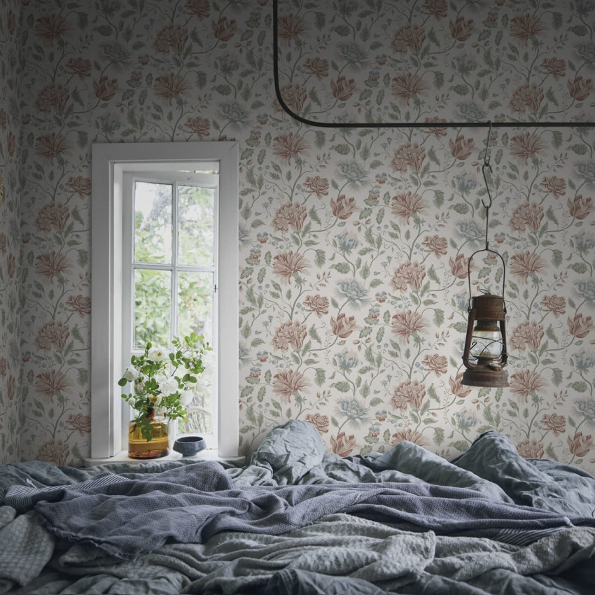 Tapet lavabil cu design floral clasic in nuante de albastru si roz pal