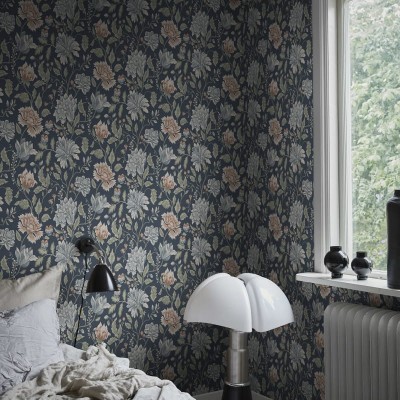 Tapet lavabil cu design floral clasic in nuante de albastru si roz pal