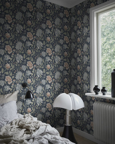 Tapet lavabil cu design floral clasic in nuante de albastru si roz pal