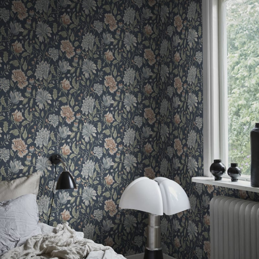 Tapet lavabil cu design floral clasic in nuante de albastru si roz pal